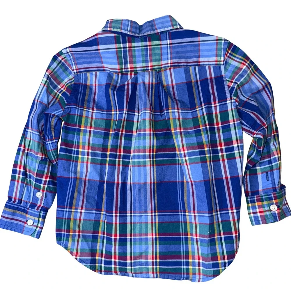 Ralph Lauren Plaid Button Down Shirt 2T Blue Multi Natural Stretch‎ Long Sleeve